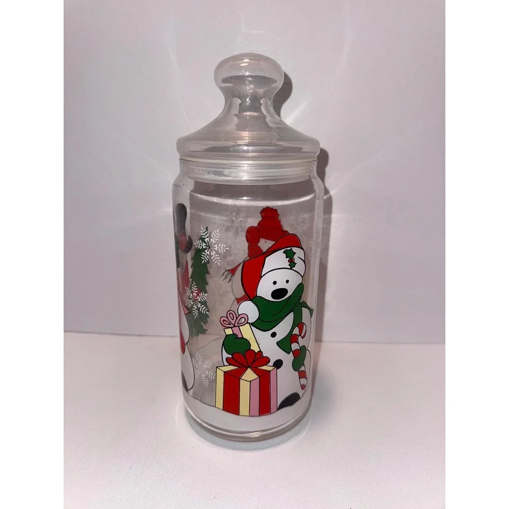 Vintage Luminarc France Christmas Glass Canister Snowman Holiday Storage Jar 9in